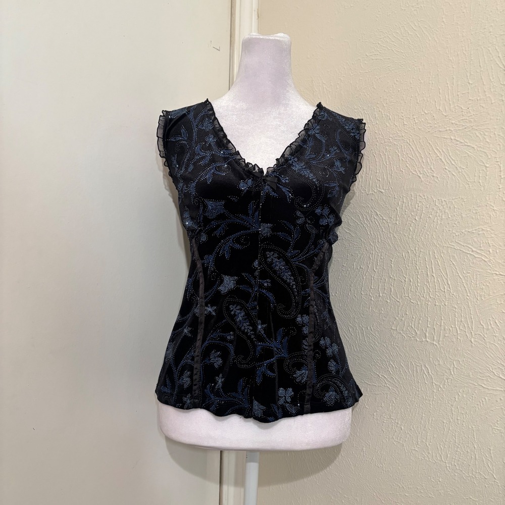 Black Velvet Blue Glitter Floral V-Neck Ruffle Trim Sleeveless Corset Top Sz L